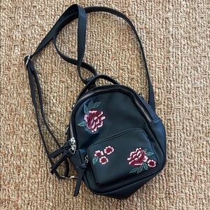 Black Floral Embroidered Mini Backpack Bag